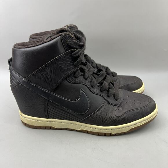 Nike Dunk Sky Hi Wedge Shoes Women Size 9.5 Black Brown Hidden Heel Mid Sneakers - Picture 1 of 8